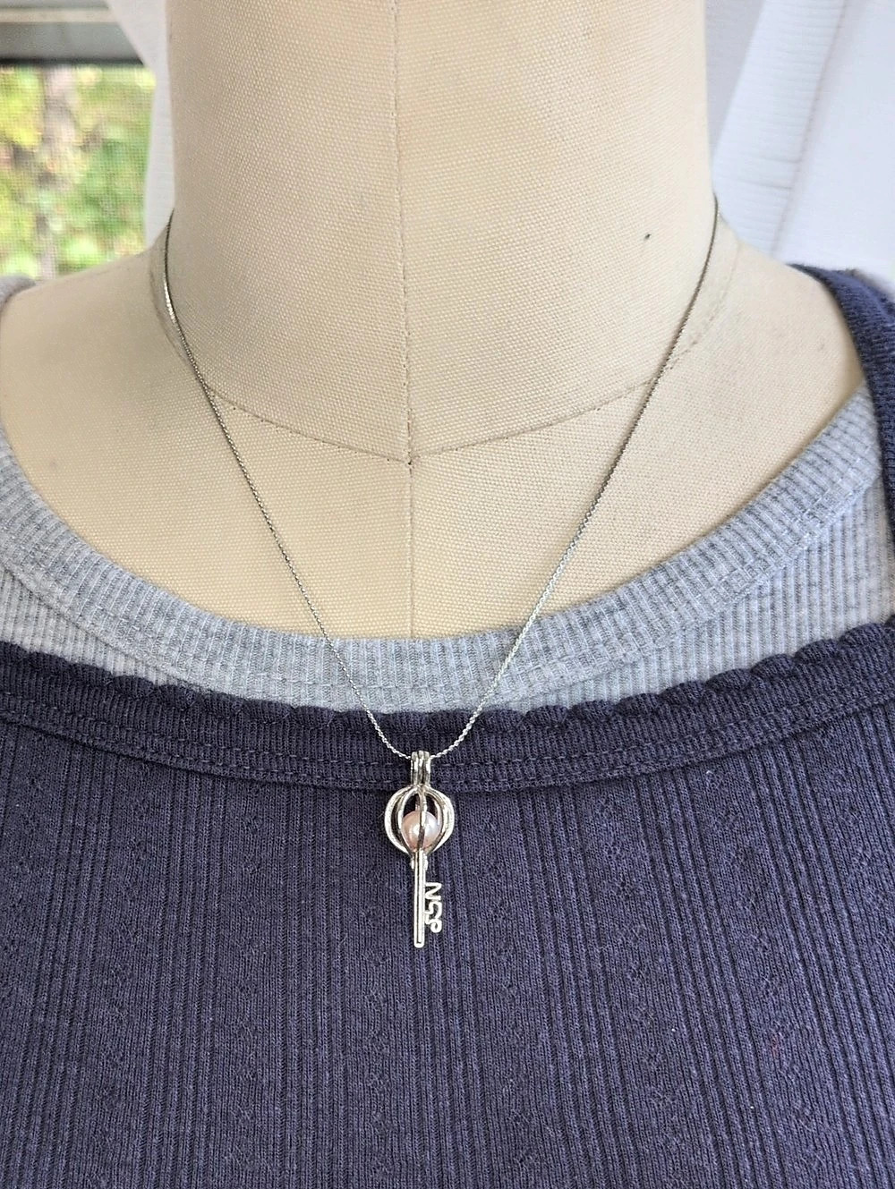 Key to My Heart Pearl Cage Pendant Necklace Silver